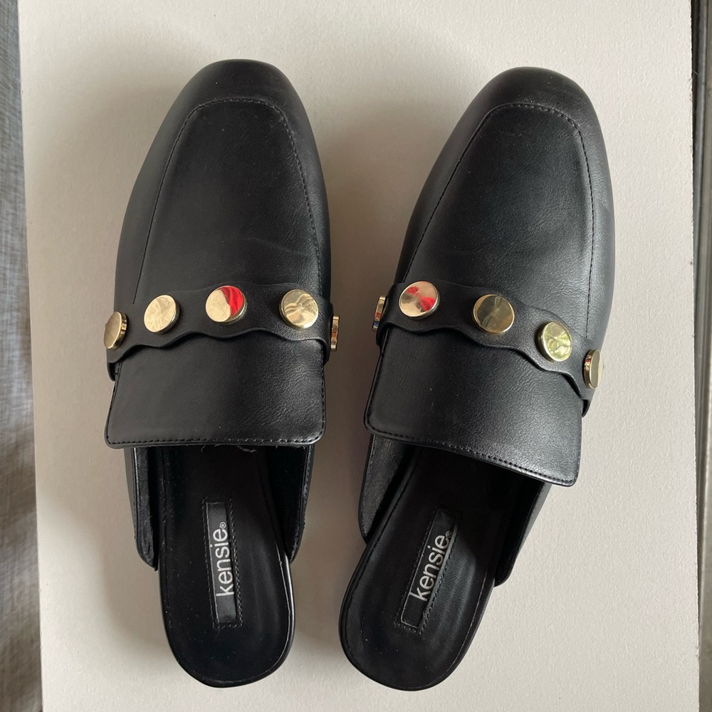 black leather mules gold hardware
